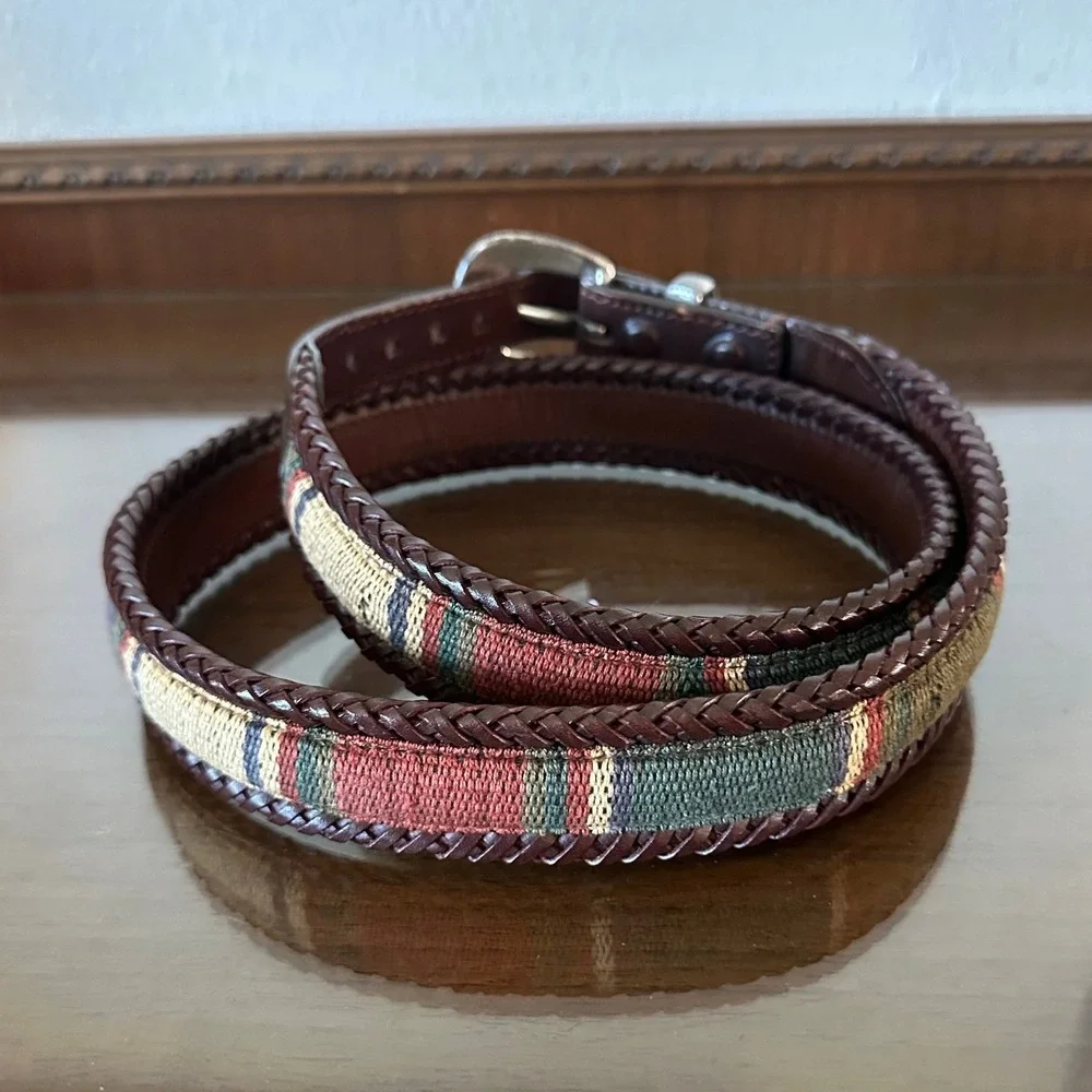 Vtg 90s Brighton Woven Leather Braided Belt Brown Western Striped Size 40 67506